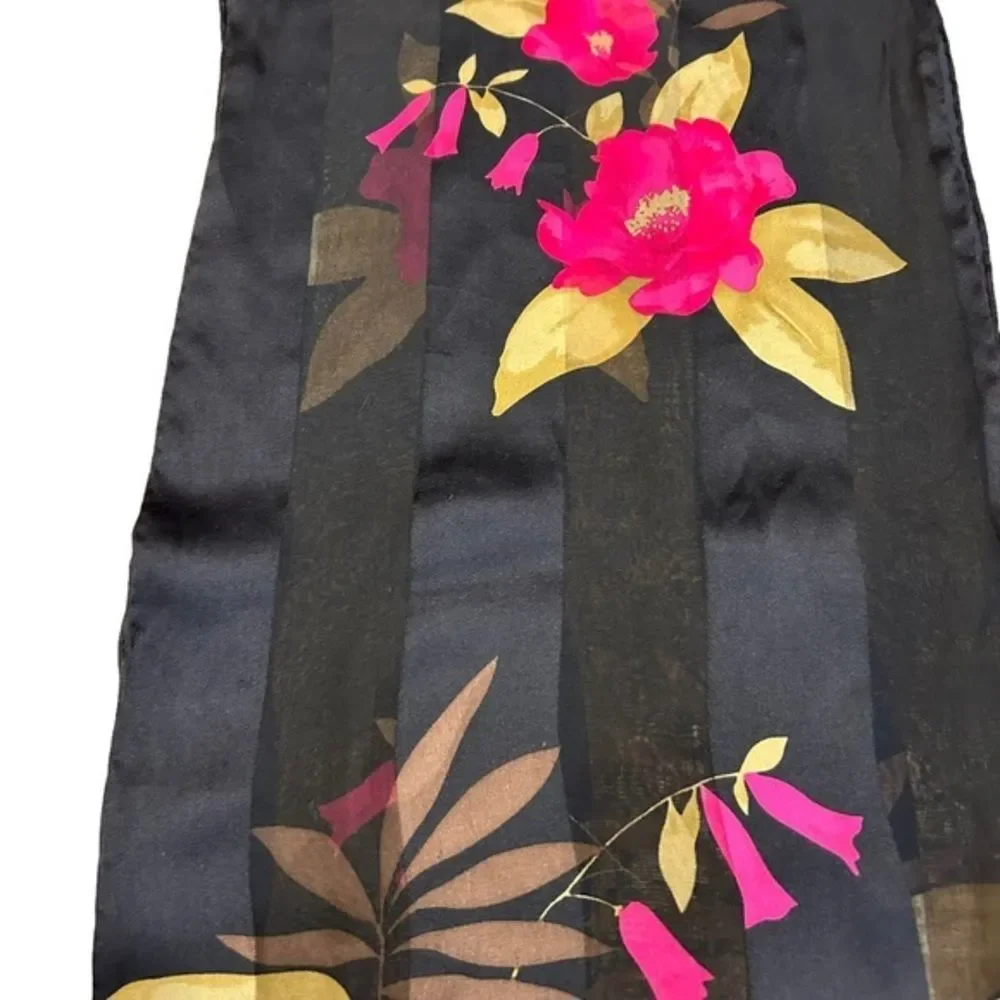 Beautiful Silk Fuchsia‎ & Tan Floral Striped Scarf 12x58